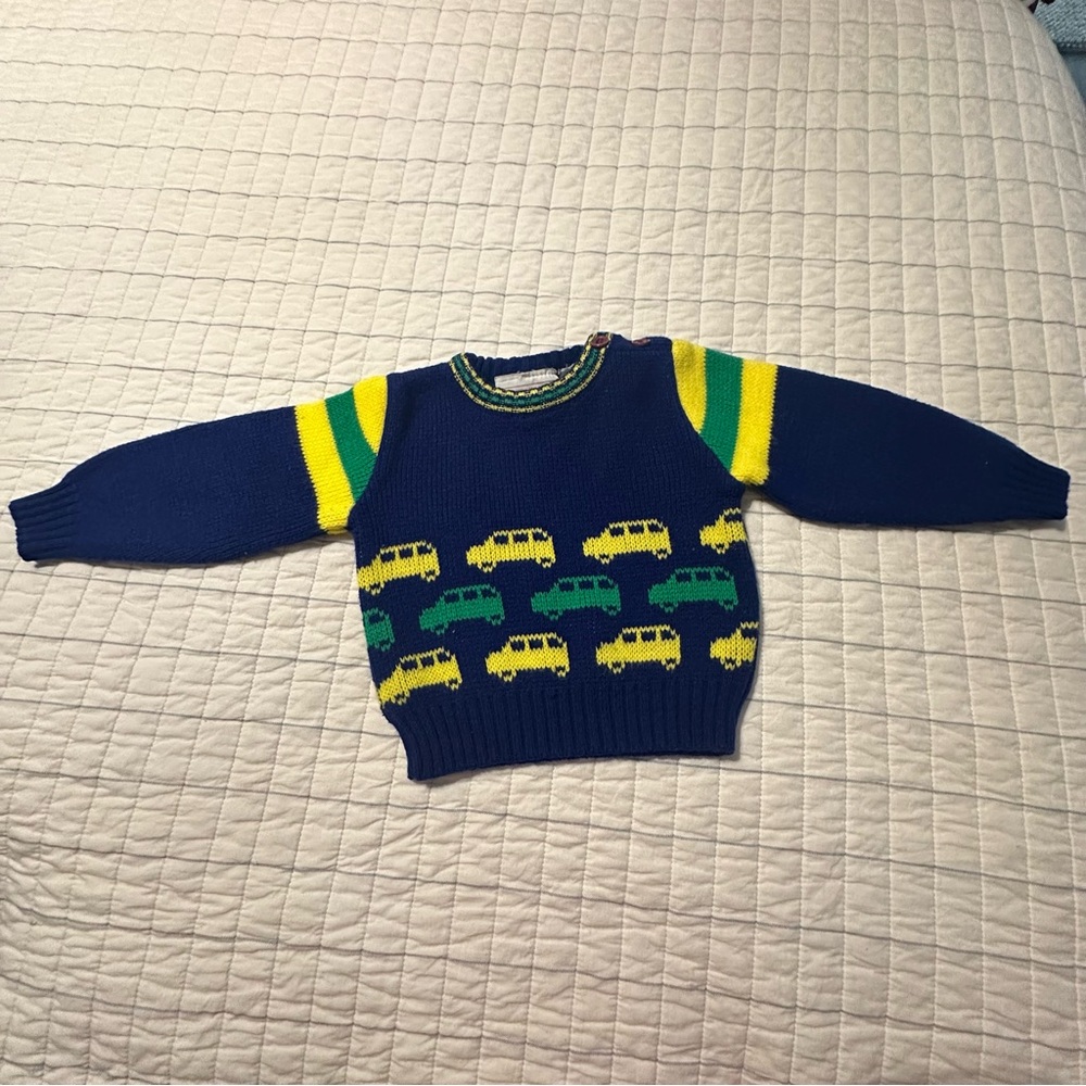 Vintage Montgomery Ward Infant Sweater Vehicles 6-12 months Blue Yellow Green